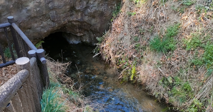 水が流れ込む新堀用水の木製フェンスのある入口