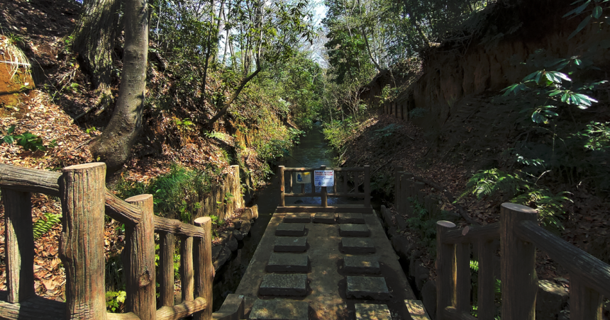 玉川上水にかかる小さな木製の橋、じょうすいこばし
