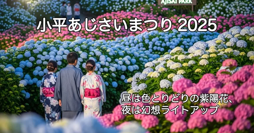 「満開の紫陽花が並ぶ小平市あじさい公園と、幻想的にライトアップされた夜の風景」