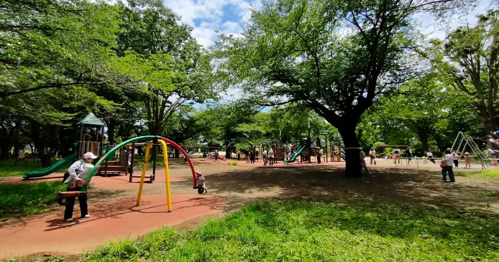 都立東村山中公園の滑り台やブランコなどの遊具が並ぶ遊び場