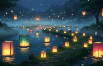 水面に無数の手作り灯籠が優しく浮かび、幻想的な光を放つ夜の風景イラスト。奥には緑豊かな木々が描かれている。