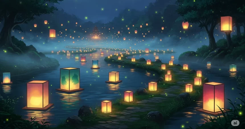 水面に無数の手作り灯籠が優しく浮かび、幻想的な光を放つ夜の風景イラスト。奥には緑豊かな木々が描かれている。