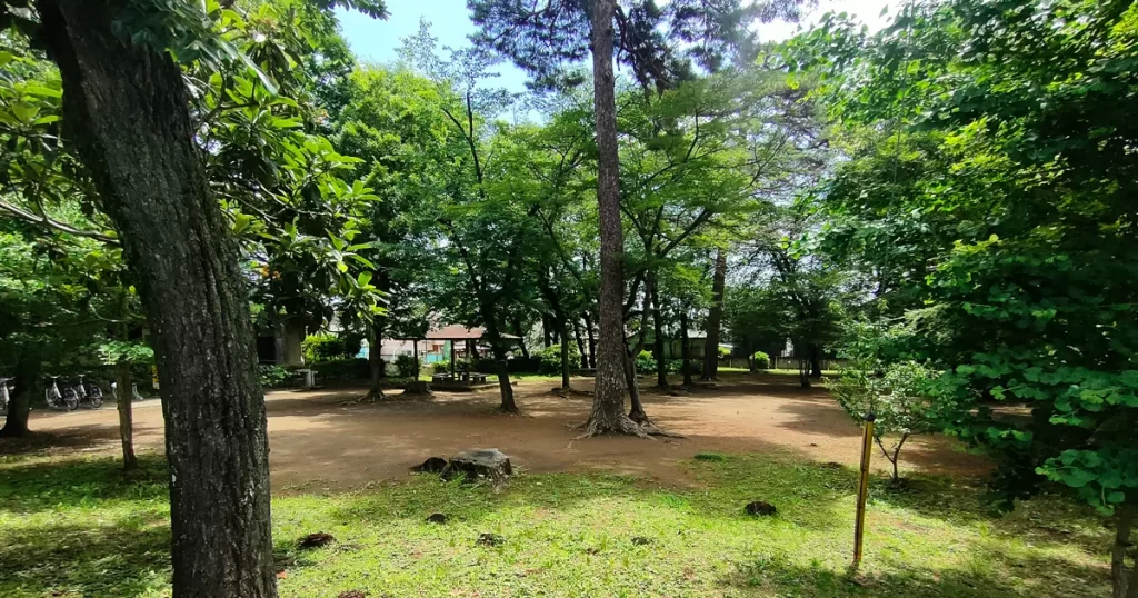 萩山公園の緑あふれる景色とベンチが置かれた休憩スポット