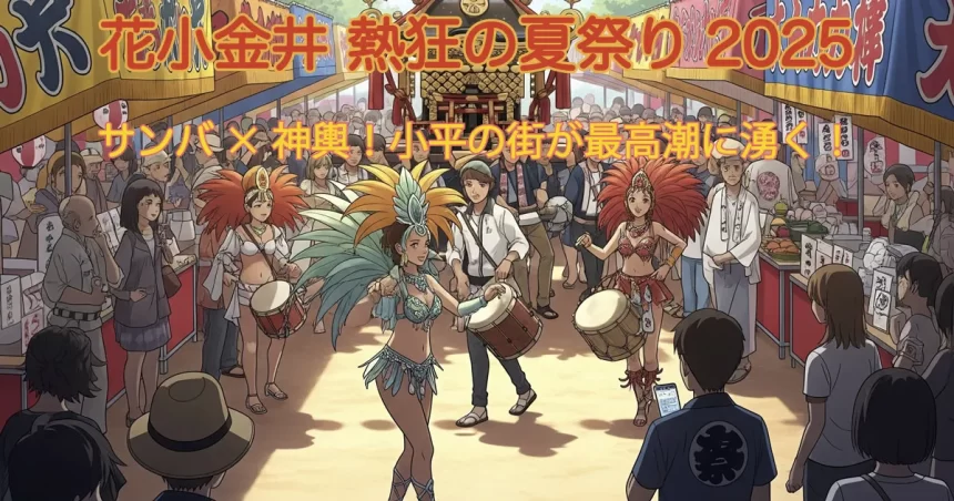 イラスト：花小金井夏祭りでサンバダンサーと神輿が共演し、活気あふれる日本の商店街の様子。