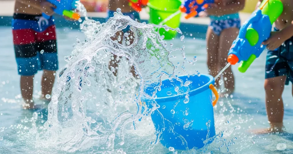 じゃぶじゃぶ池で男の子たちが水鉄砲でバケツに水を入れて遊ぶ様子｜小平市の水遊び公園