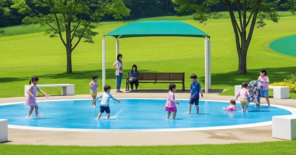 小平市の水遊び公園じゃぶじゃぶ池で遊ぶ幼児たちを木陰のベンチから見守るお母さんたち
