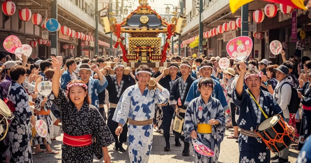 商店街で大人が神輿を担ぎ、子どもたちが先導する祭りのパレード。沿道には多くの観客が並び、提灯が飾られている。