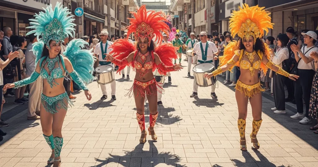 花小金井夏祭りのサンバパレード：色鮮やかな衣装を身につけた美しい女性ダンサーたちが、賑わう商店街で情熱的なダンスを披露している様子。